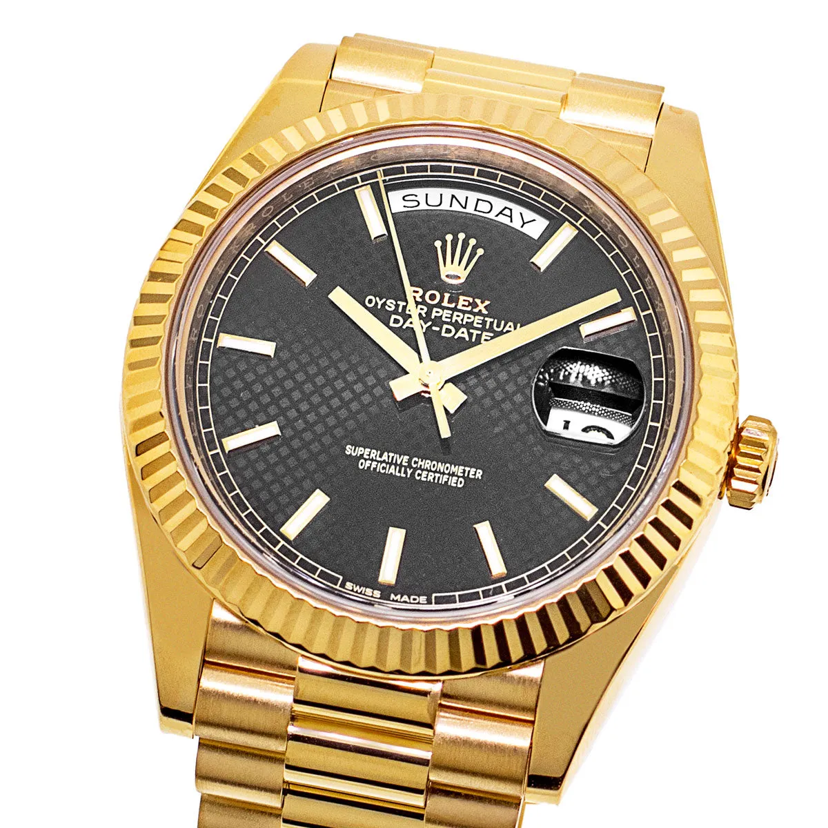 Rolex Day-Date 40mm Yellow Gold Black Diagonal Motif Index Dial & Fluted Bezel 228238