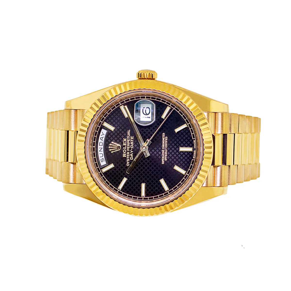 Rolex Day-Date 40mm Yellow Gold Black Diagonal Motif Index Dial & Fluted Bezel 228238