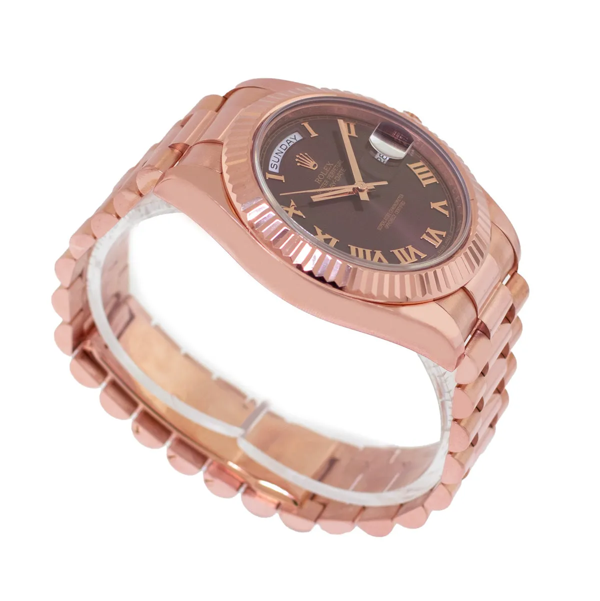 Rolex Day-Date 41mm Rose Gold Chocolate Roman Dial & Fluted Bezel 218235
