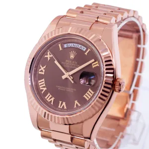 Rolex Day-Date 41mm Rose Gold Chocolate Roman Dial & Fluted Bezel 218235