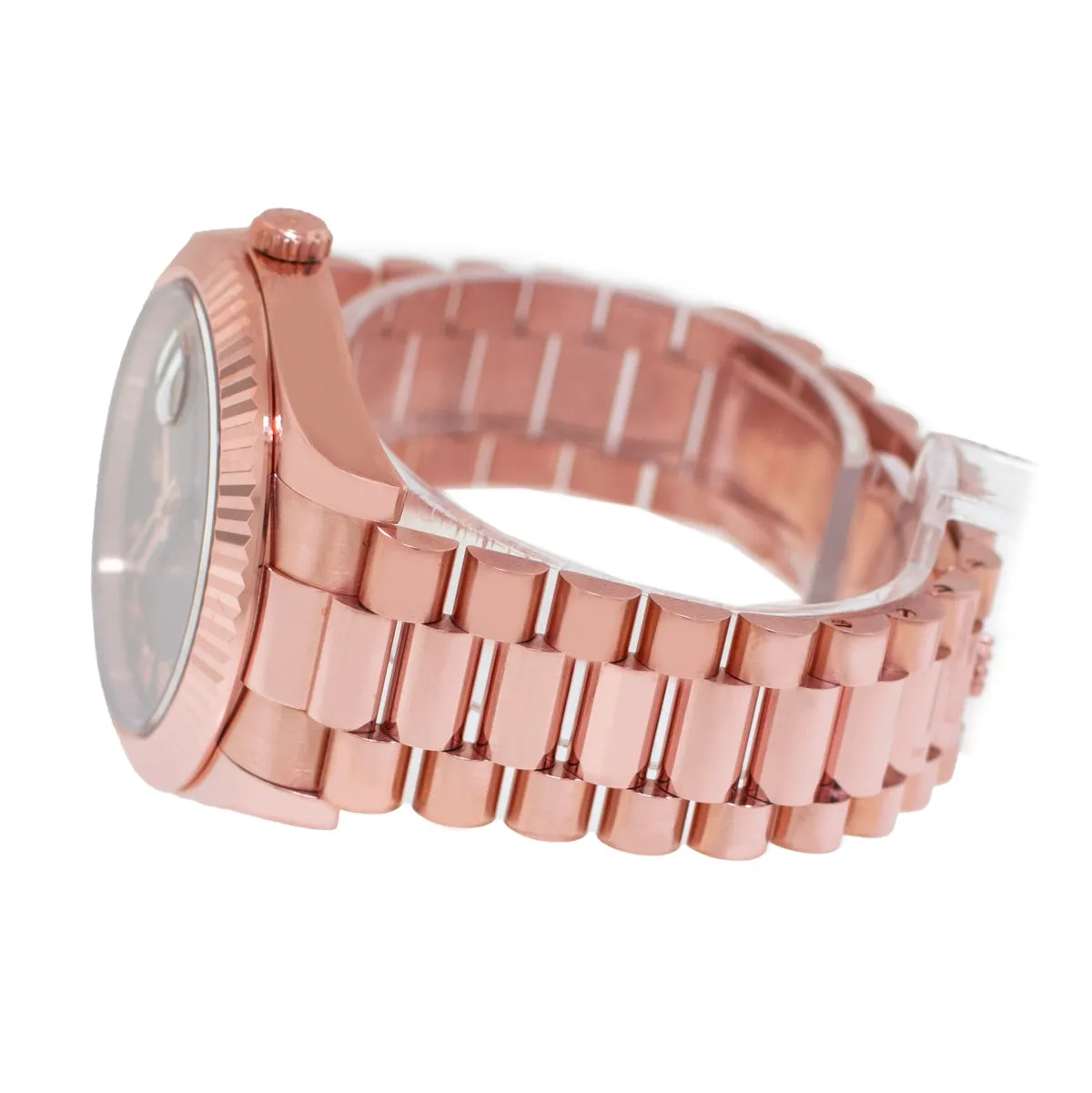 Rolex Day-Date 41mm Rose Gold Chocolate Roman Dial & Fluted Bezel 218235