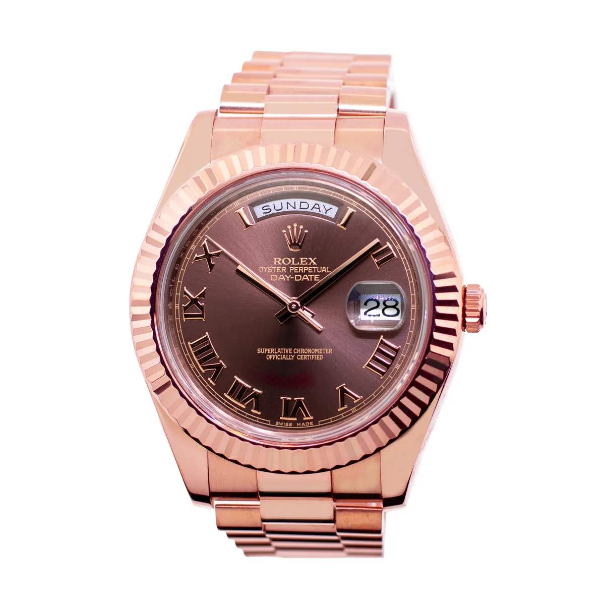 Rolex Day-Date 41mm Rose Gold Chocolate Roman Dial & Fluted Bezel 218235