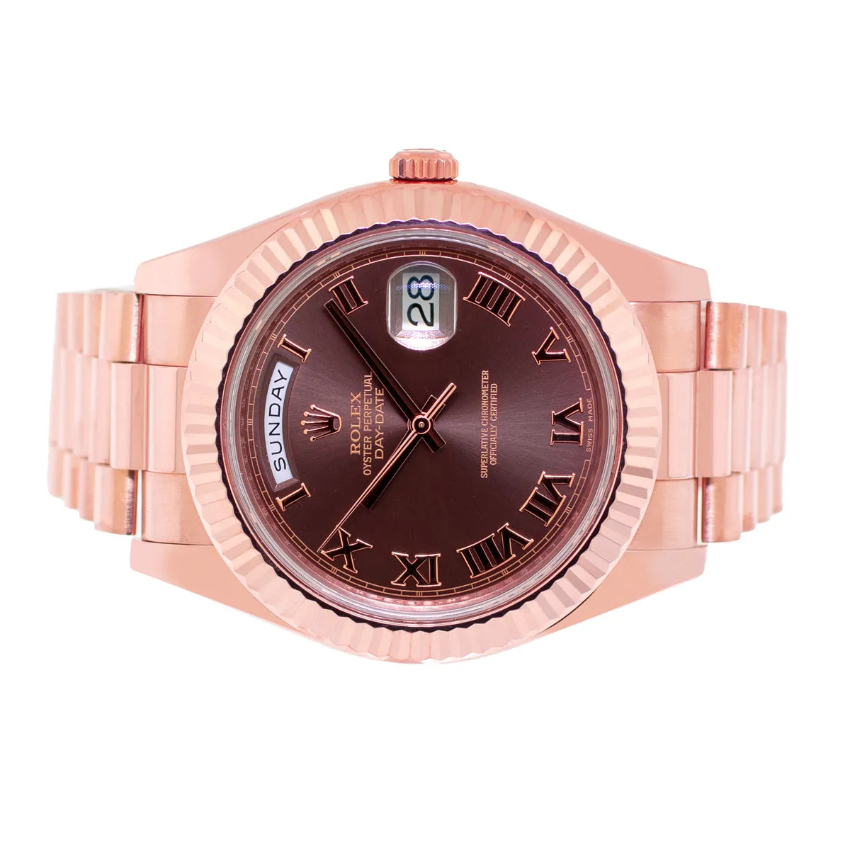 Rolex Day-Date 41mm Rose Gold Chocolate Roman Dial & Fluted Bezel 218235