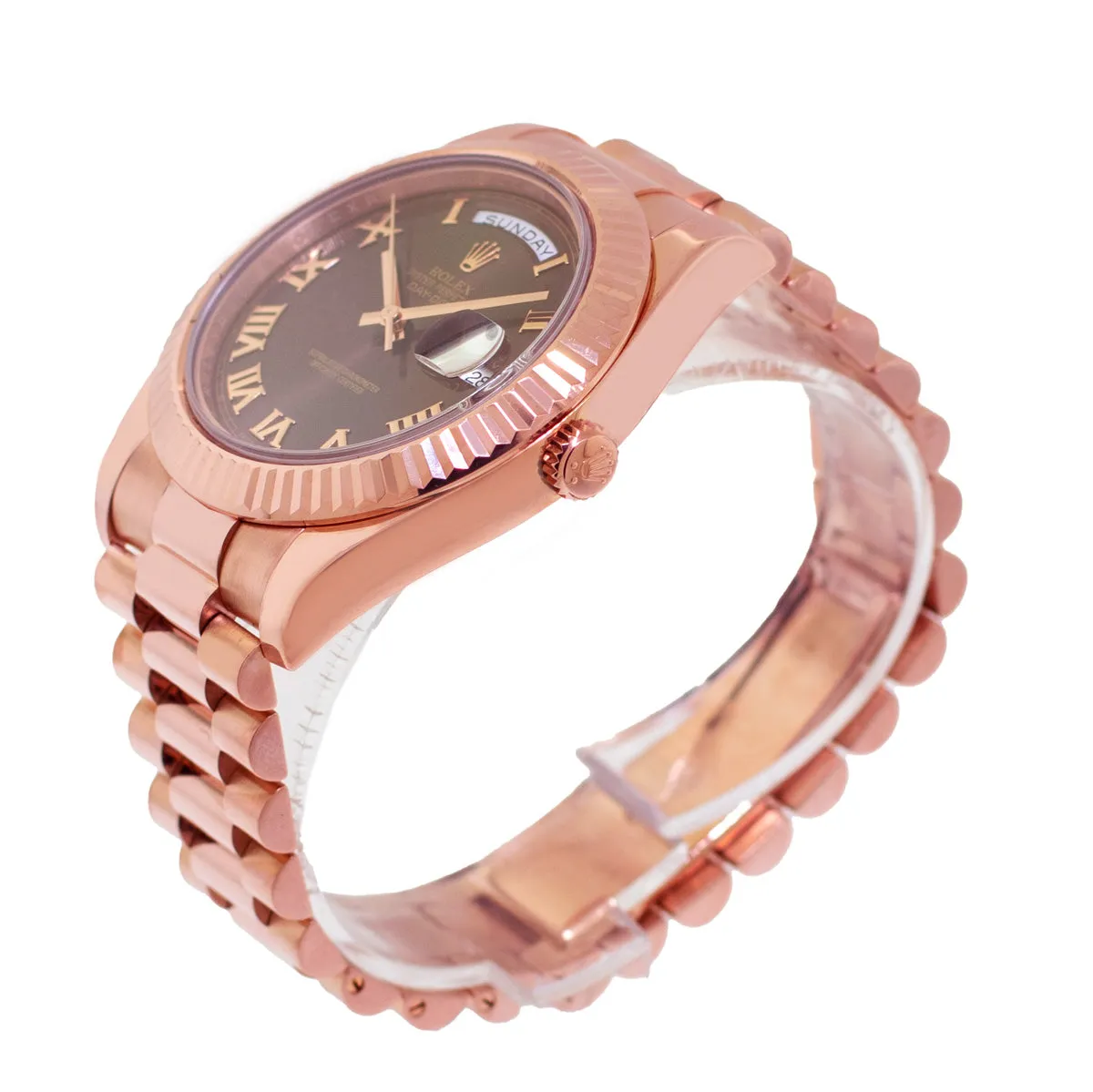 Rolex Day-Date 41mm Rose Gold Chocolate Roman Dial & Fluted Bezel 218235