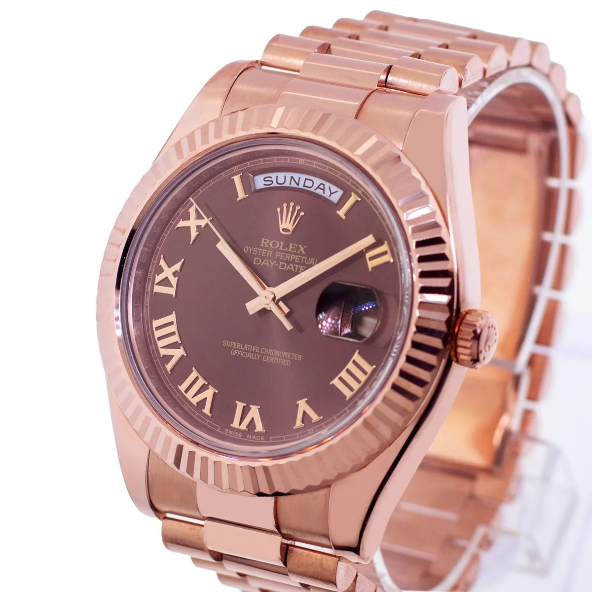 Rolex Day-Date 41mm Rose Gold Chocolate Roman Dial & Fluted Bezel 218235