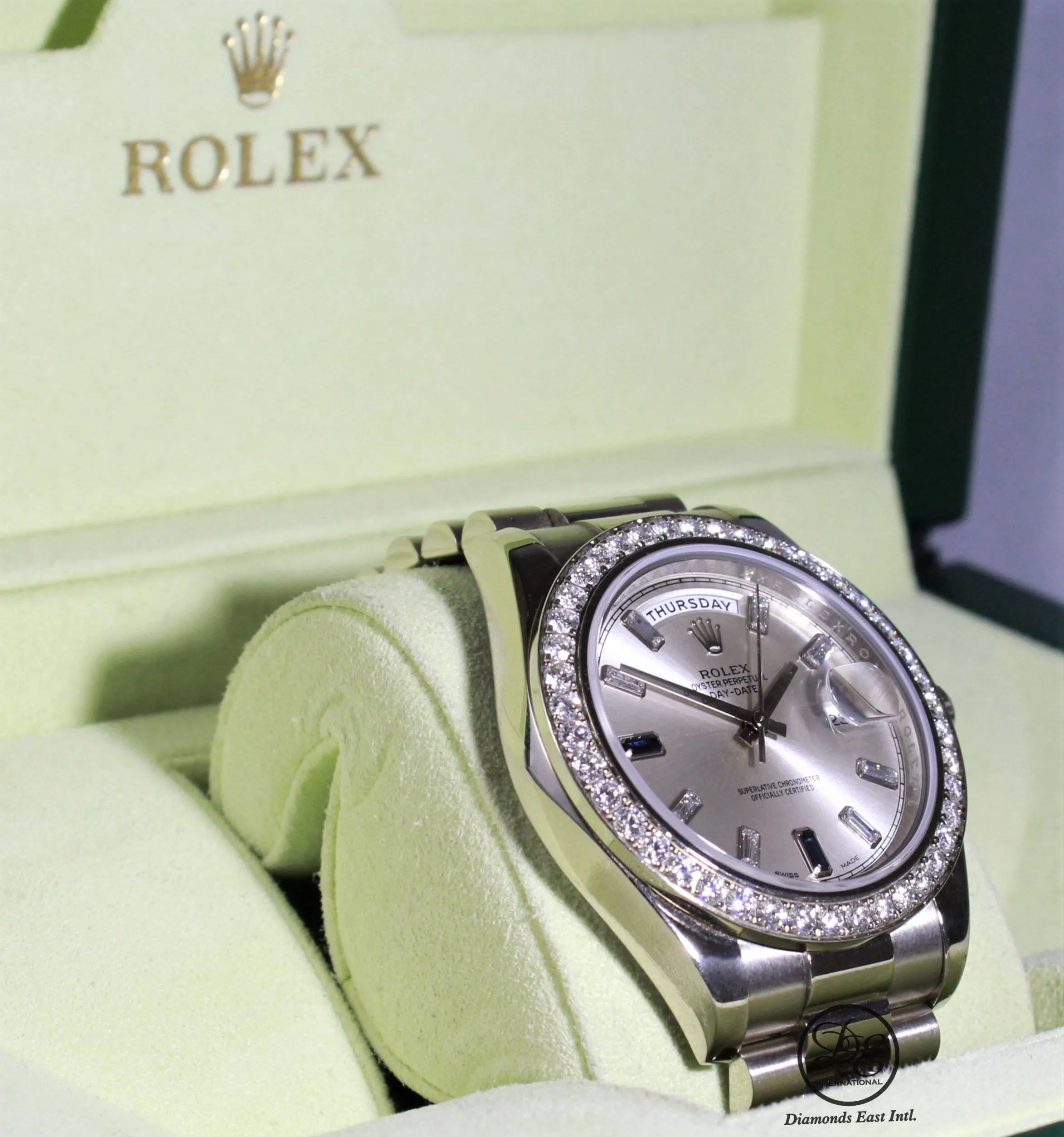 Rolex Day-Date II President 218349 18K White Gold Factory Diamond & Sapphires Dial Bezel BOX/PAPER