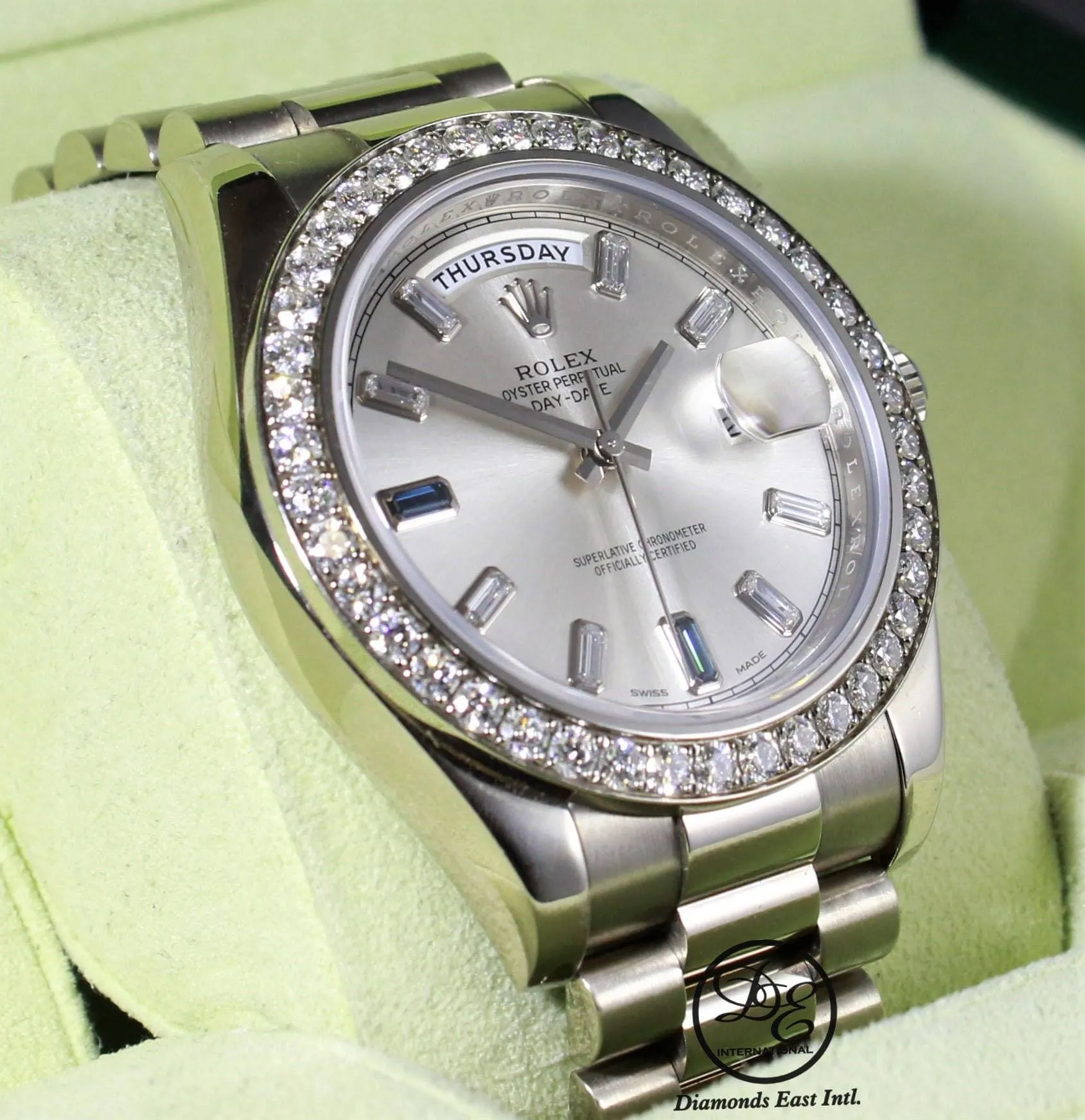Rolex Day-Date II President 218349 18K White Gold Factory Diamond & Sapphires Dial Bezel BOX/PAPER