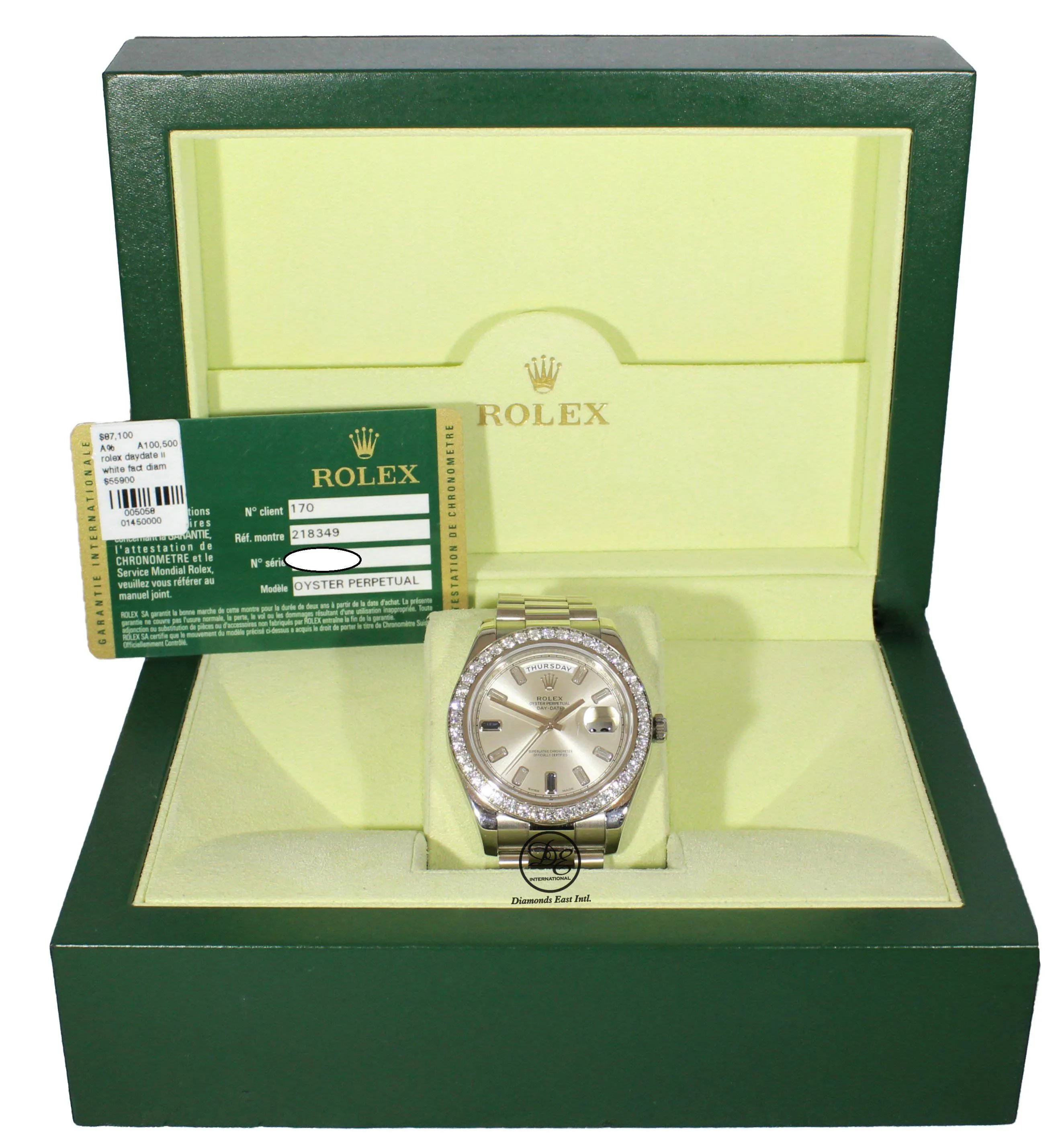 Rolex Day-Date II President 218349 18K White Gold Factory Diamond & Sapphires Dial Bezel BOX/PAPER