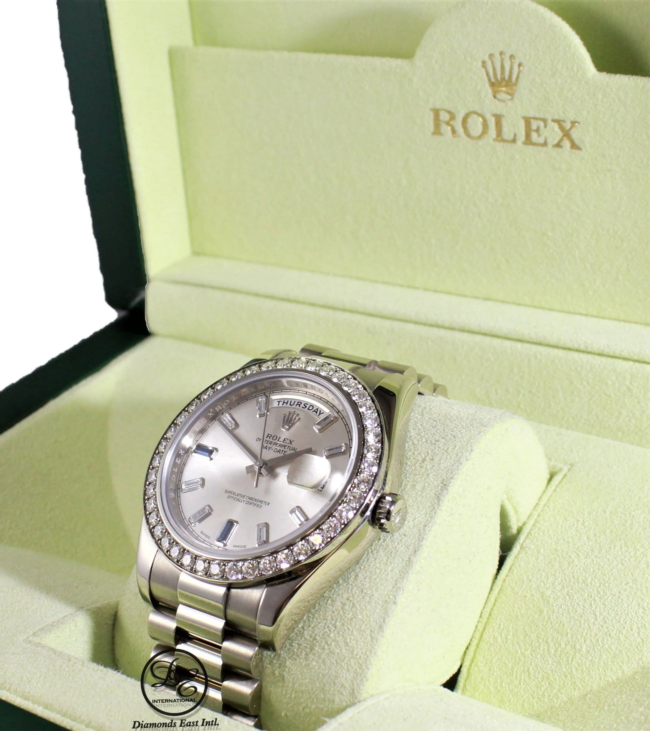 Rolex Day-Date II President 218349 18K White Gold Factory Diamond & Sapphires Dial Bezel BOX/PAPER
