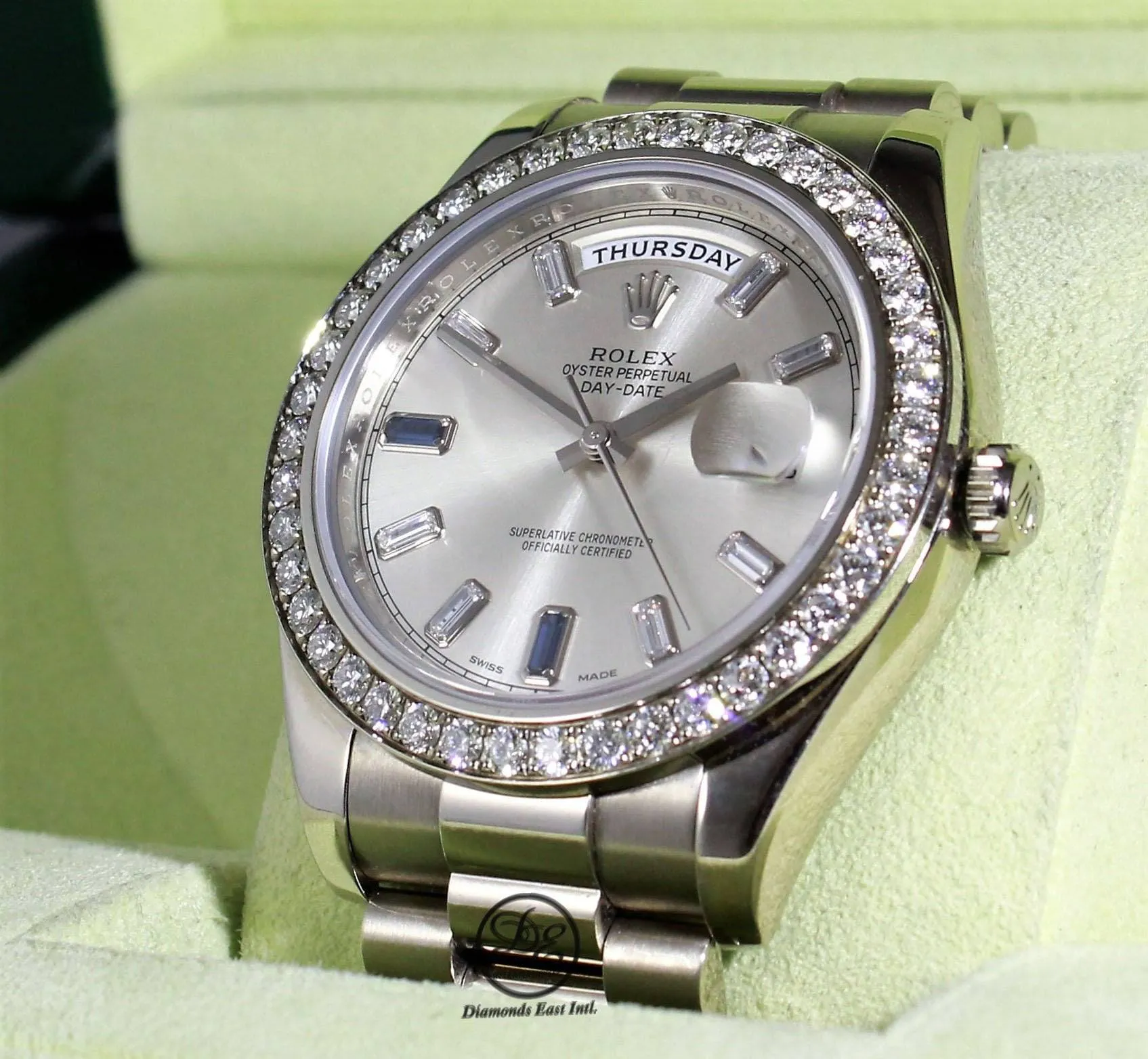 Rolex Day-Date II President 218349 18K White Gold Factory Diamond & Sapphires Dial Bezel BOX/PAPER