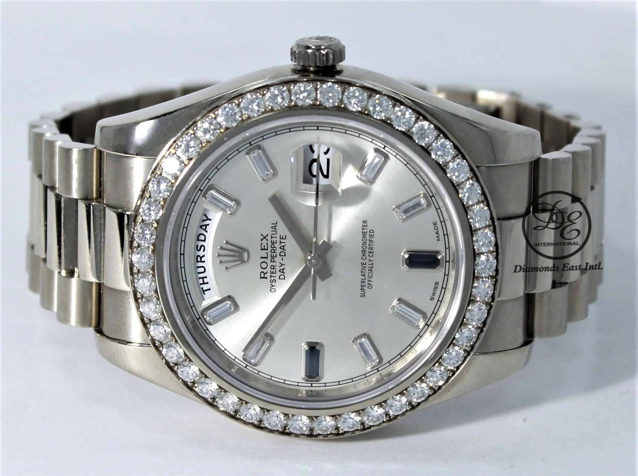 Rolex Day-Date II President 218349 18K White Gold Factory Diamond & Sapphires Dial Bezel BOX/PAPER