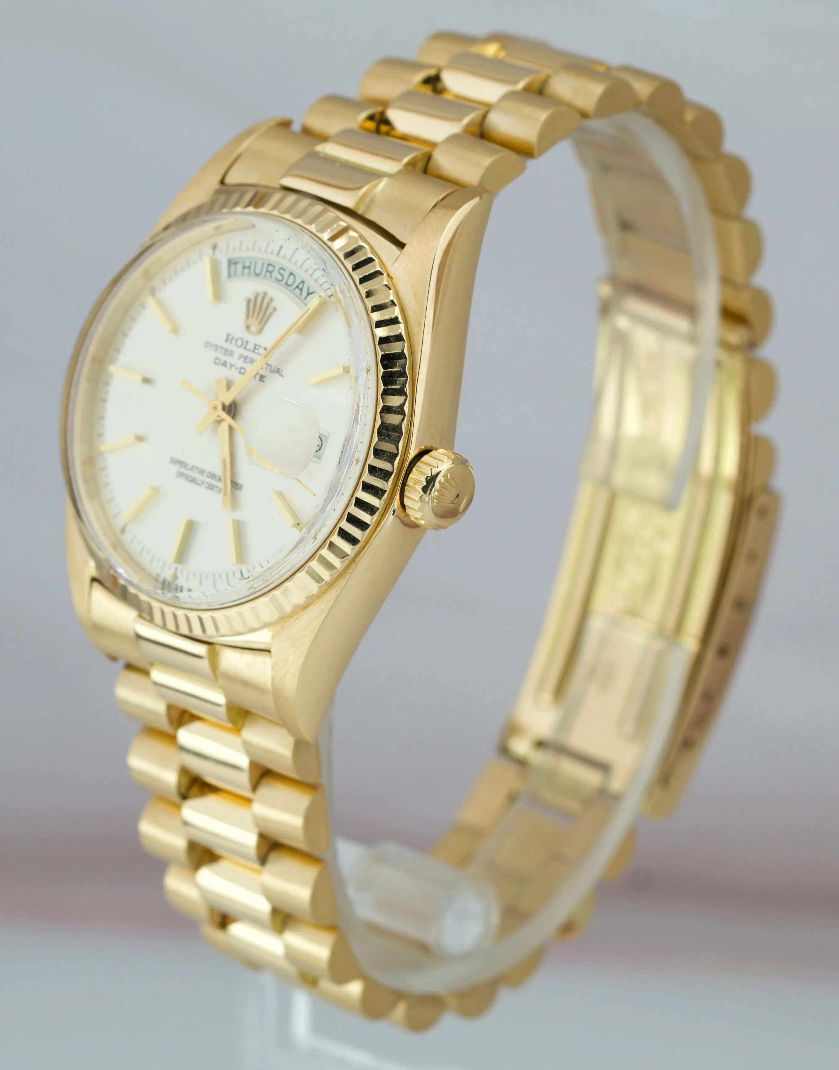 Rolex Day-Date President 36mm Silver Patina Pie-Pan 18K Yellow Gold Watch 1803