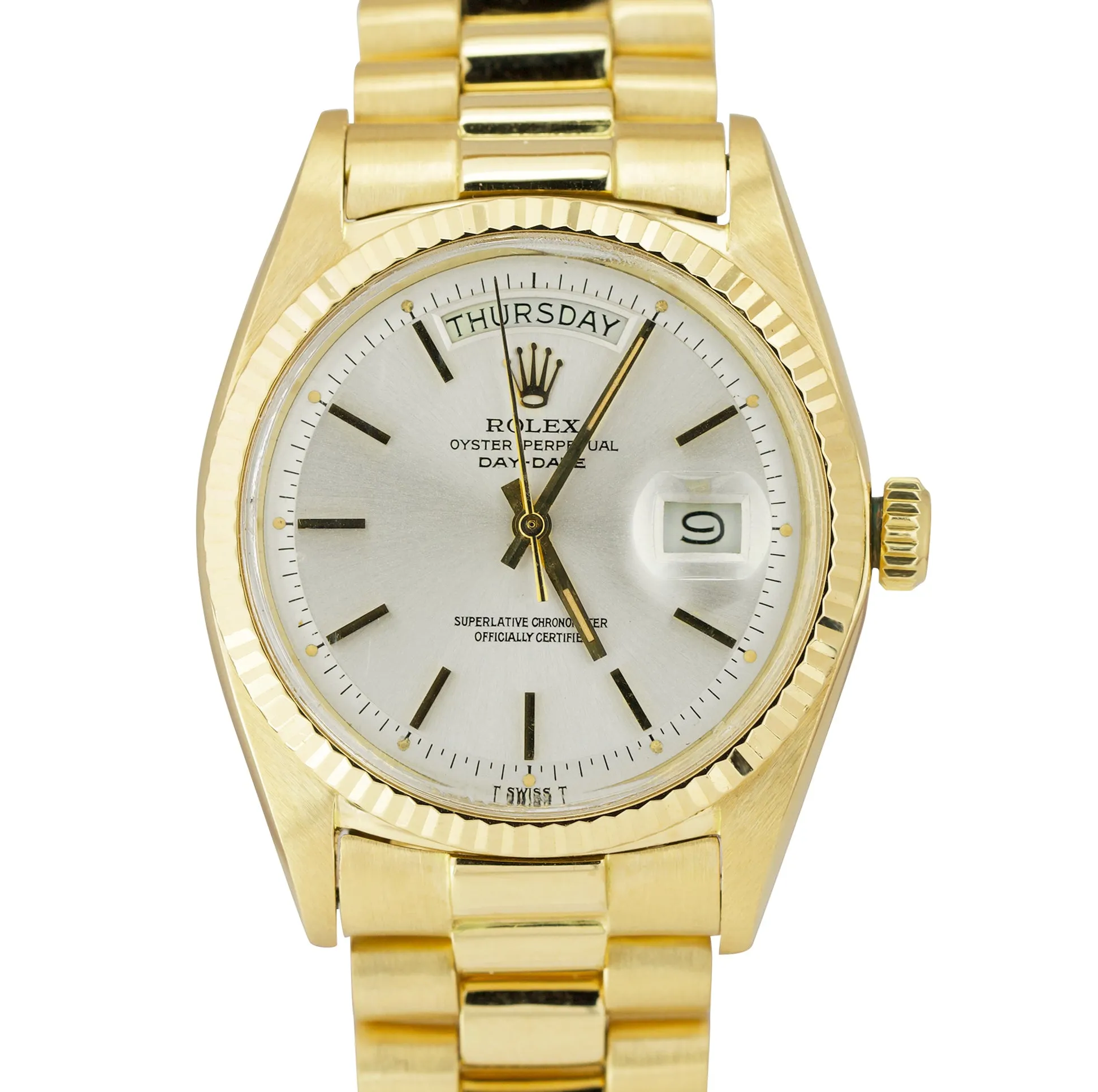 Rolex Day-Date President 36mm Silver Patina Pie-Pan 18K Yellow Gold Watch 1803