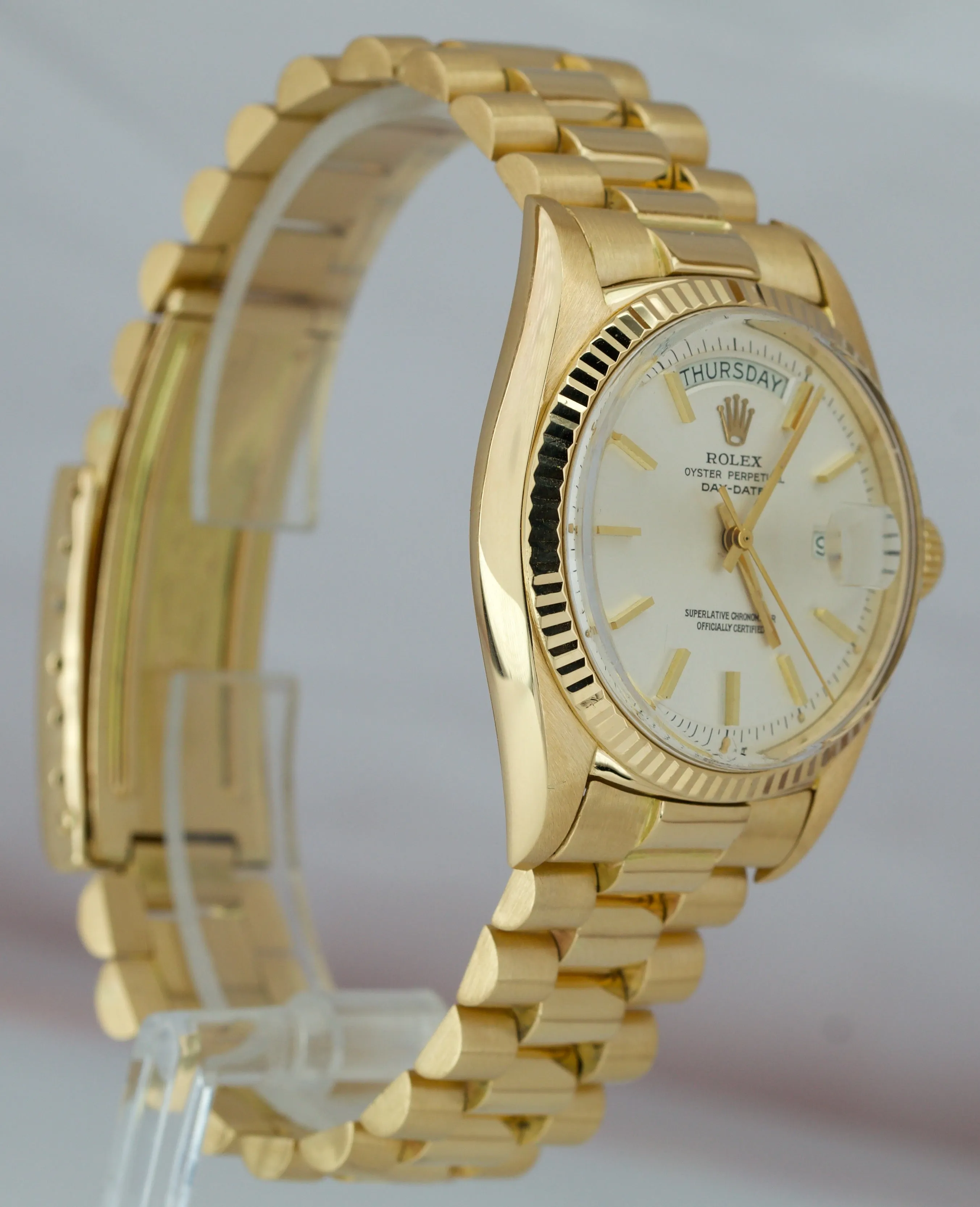 Rolex Day-Date President 36mm Silver Patina Pie-Pan 18K Yellow Gold Watch 1803