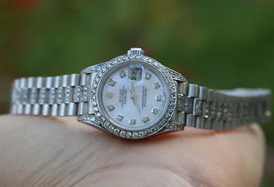 ROLEX LADIES 18K WHITE GOLD PRESIDENT DIAMOND BAND DIAMOND EMERALD BEZEL DIAL