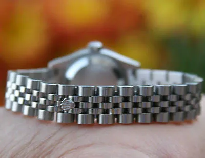 ROLEX LADIES 26mm DATEJUST 18K WHITE GOLD DIAMOND BEZEL BLACK MOP 179160 PERFECT