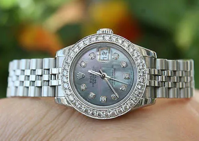 ROLEX LADIES 26mm DATEJUST 18K WHITE GOLD DIAMOND BEZEL BLACK MOP 179160 PERFECT