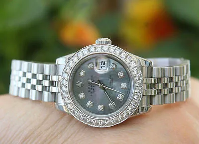 ROLEX LADIES 26mm DATEJUST 18K WHITE GOLD DIAMOND BEZEL BLACK MOP 179160 PERFECT