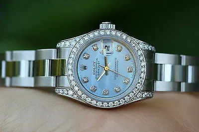 ROLEX LADIES 26mm DATEJUST BLUE DIAMOND DIAL LUGS BEZEL 179160 UNWORN BOX PAPERS