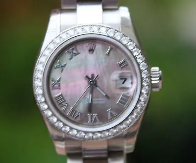 ROLEX LADIES 26mm PRESIDENT 18K WHITE GOLD BLACK MOP 179179 ROMAN OYSTER BAND