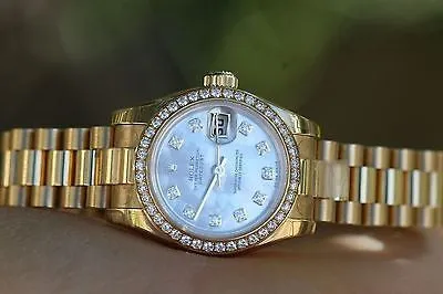 ROLEX LADIES 26mm PRESIDENT 18K YELLOW GOLD 179138 FACTORY DIAMOND DIAL BEZEL