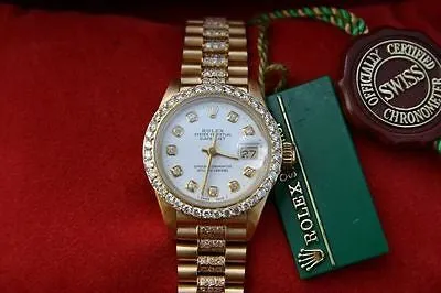 ROLEX LADIES 6917 PRESIDENT 18K YELLOW GOLD DIAMOND WHITE PEARL DIAL BEZEL BAND