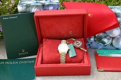 ROLEX LADIES 6917 PRESIDENT 18K YELLOW GOLD DIAMOND WHITE PEARL DIAL BEZEL BAND
