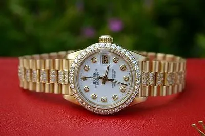 ROLEX LADIES 6917 PRESIDENT 18K YELLOW GOLD DIAMOND WHITE PEARL DIAL BEZEL BAND