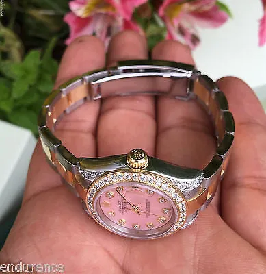 ROLEX LADIES DATEJUST TWO TONE MOTHER OF PEARL PINK DIAMONDS DIAL BEZEL 179173