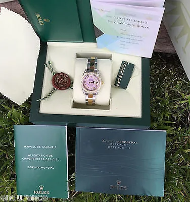 ROLEX LADIES DATEJUST TWO TONE MOTHER OF PEARL PINK DIAMONDS DIAL BEZEL 179173