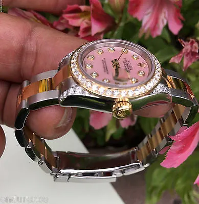ROLEX LADIES DATEJUST TWO TONE MOTHER OF PEARL PINK DIAMONDS DIAL BEZEL 179173