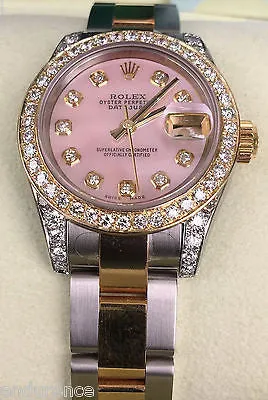 ROLEX LADIES DATEJUST TWO TONE MOTHER OF PEARL PINK DIAMONDS DIAL BEZEL 179173