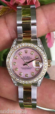 ROLEX LADIES DATEJUST TWO TONE MOTHER OF PEARL PINK DIAMONDS DIAL BEZEL 179173