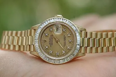 ROLEX LADIES PRESIDENT 18K YELLOW GOLD CHANNEL SET DIAMOND BEZEL GOLD DIAL 69178