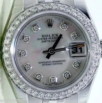 ROLEX LADIES STEEL DATEJUST MOTHER OF PEARL DIAMOND DIAL & BEZEL MODEL 179160