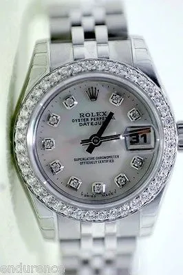 ROLEX LADIES STEEL DATEJUST MOTHER OF PEARL DIAMOND DIAL & BEZEL MODEL 179160