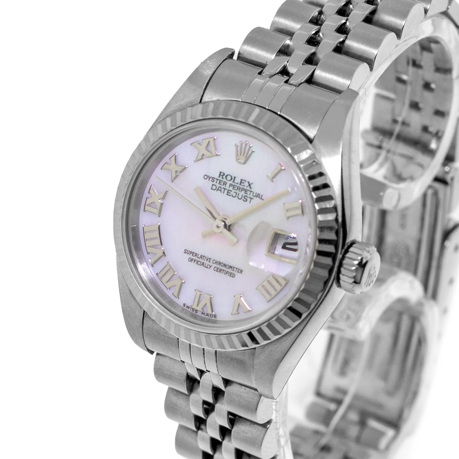 Rolex Lady-Datejust 26mm Stainless Steel Mother of Pearl Roman Dial Fluted Bezel 79174