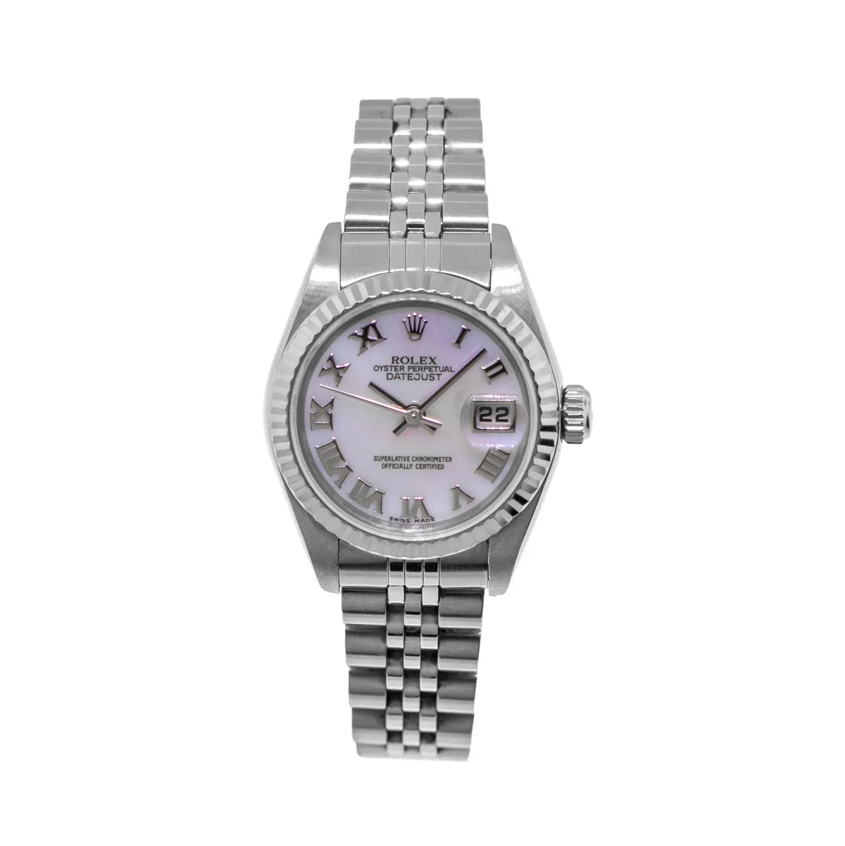 Rolex Lady-Datejust 26mm Stainless Steel Mother of Pearl Roman Dial Fluted Bezel 79174