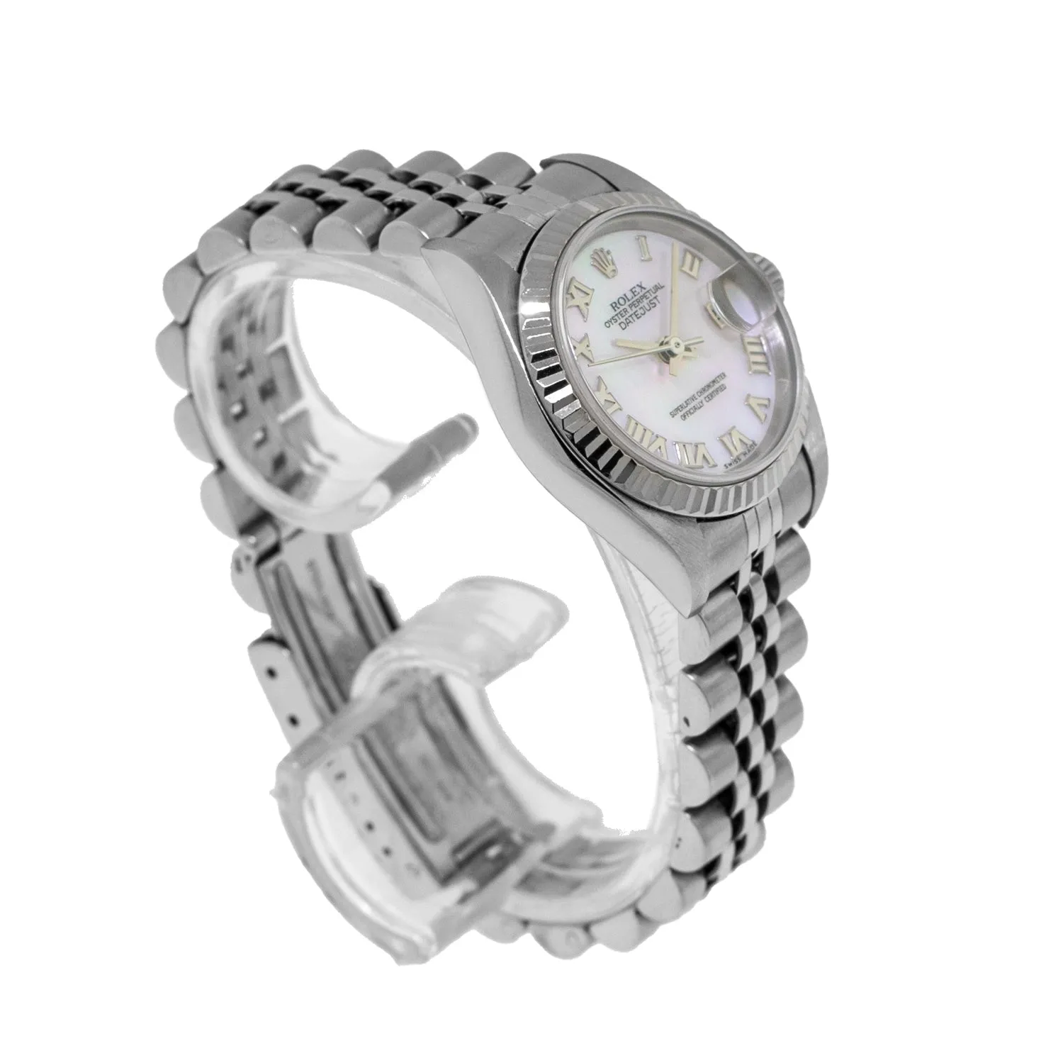 Rolex Lady-Datejust 26mm Stainless Steel Mother of Pearl Roman Dial Fluted Bezel 79174