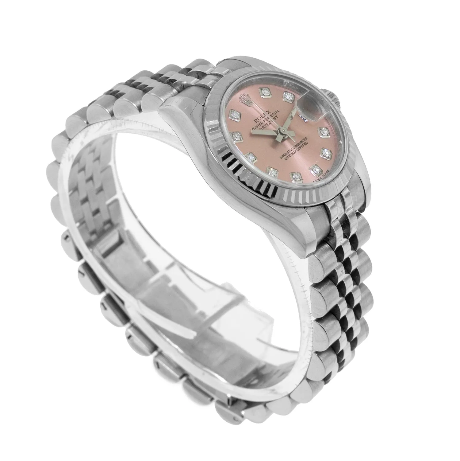 Rolex Lady-Datejust 26mm White Gold & Steel Pink Diamond Dial & Fluted Bezel 179174