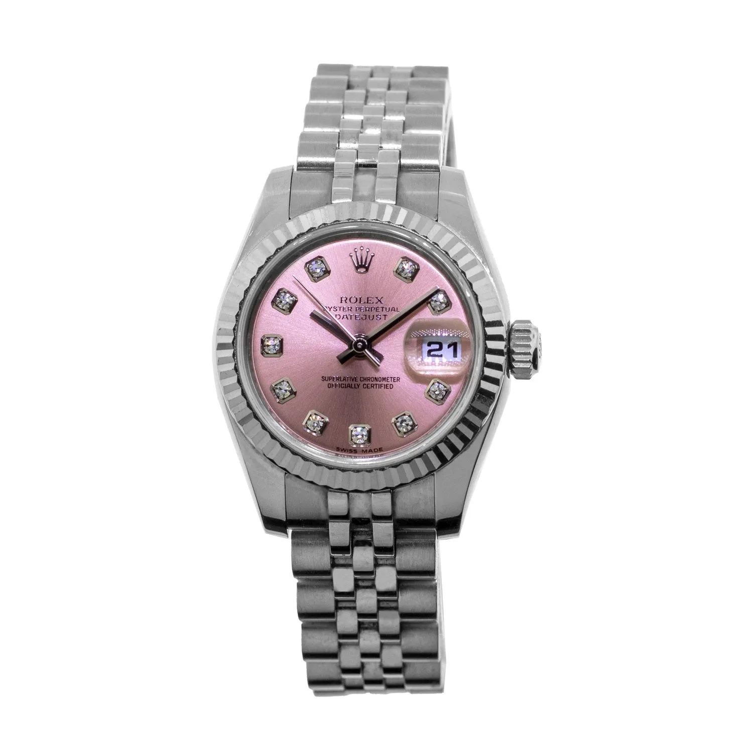 Rolex Lady-Datejust 26mm White Gold & Steel Pink Diamond Dial & Fluted Bezel 179174