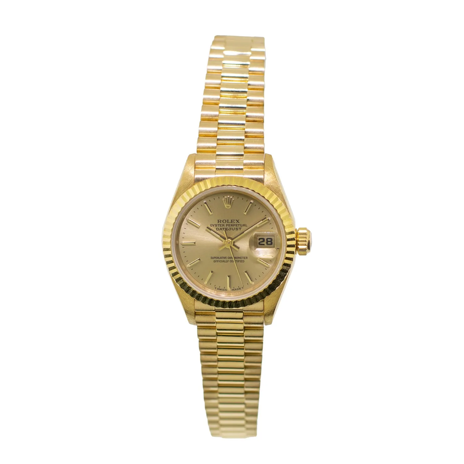 Rolex Lady-Datejust 26mm Yellow Gold Champagne Index Dial And Fluted Bezel 69178