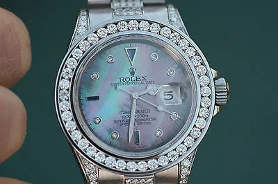 ROLEX MENS 16610 SUBMARINER 18K WHITE GOLD DIAMOND PRESIDENTIAL BAND BEZEL