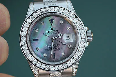 ROLEX MENS 16610 SUBMARINER 18K WHITE GOLD DIAMOND PRESIDENTIAL BAND BEZEL