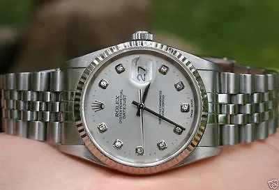ROLEX MENS DATEJUST SILVER DIAMOND DIAL 16234 BOX