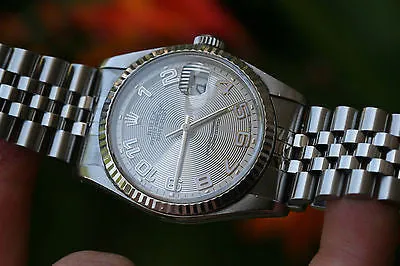 ROLEX MENS DATEJUST STAINLESS 16234 SILVER CONCENTRIC DIAL BLUE ARABIC NUMERALS