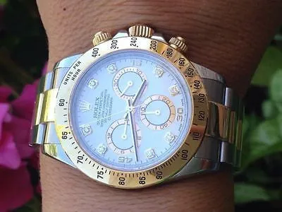 ROLEX MENS DAYTONA 116523 18k GOLD & STEEL Factory Diamond Dial BEZEL ENGRAVED
