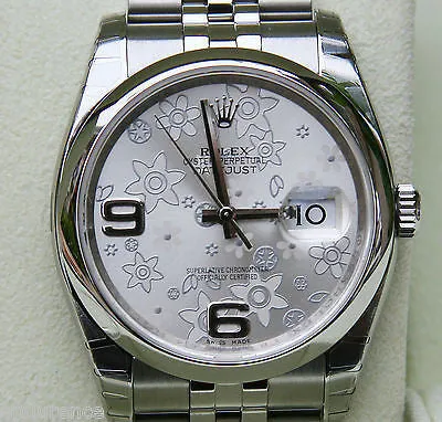 ROLEX MENS LADIES NEW DATEJUST WATCH 36mm SILVER FLORAL FLOWER DIAL STEEL