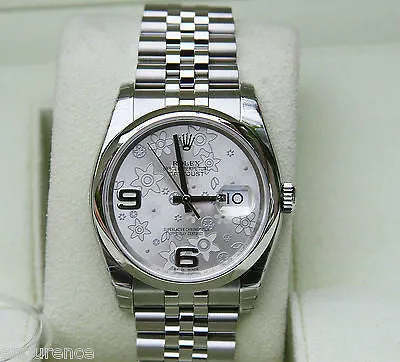 ROLEX MENS LADIES NEW DATEJUST WATCH 36mm SILVER FLORAL FLOWER DIAL STEEL
