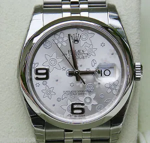 ROLEX MENS LADIES NEW DATEJUST WATCH 36mm SILVER FLORAL FLOWER DIAL STEEL